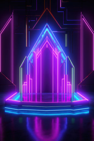 Neon lamp stage background. Glowing futuristic product display stand podium Against Background, neon geometric shape for product display presentation. Generative AI.の素材