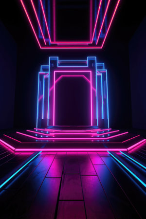 Neon lamp stage background. Glowing futuristic product display stand podium Against Background, neon geometric shape for product display presentation. Generative AI.の素材