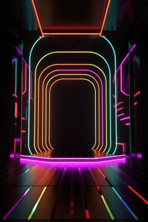Neon lamp stage background. Glowing futuristic product display stand podium Against Background, neon geometric shape for product display presentation. Generative AI.の素材