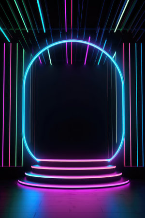 Neon lamp stage background. Glowing futuristic product display stand podium Against Background, neon geometric shape for product display presentation. Generative AI.の素材