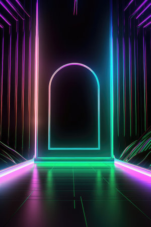 Neon lamp stage background. Glowing futuristic product display stand podium Against Background, neon geometric shape for product display presentation. Generative AI.の素材