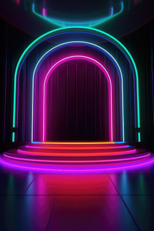Neon lamp stage background. Glowing futuristic product display stand podium Against Background, neon geometric shape for product display presentation. Generative AI.の素材