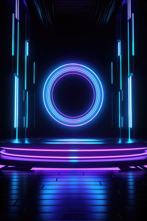 Neon lamp stage background. Glowing futuristic product display stand podium Against Background, neon geometric shape for product display presentation. Generative AI.の素材
