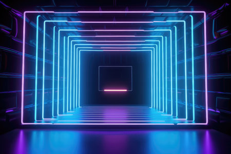 Neon lamp stage background. Glowing futuristic product display stand podium Against Background, neon geometric shape for product display presentation. Generative AI.の素材