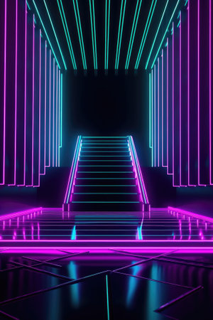Neon lamp stage background. Glowing futuristic product display stand podium Against Background, neon geometric shape for product display presentation. Generative AI.の素材