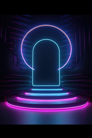 Neon lamp stage background. Glowing futuristic product display stand podium Against Background, neon geometric shape for product display presentation. Generative AI.の素材
