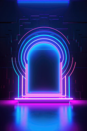 Neon lamp stage background. Glowing futuristic product display stand podium Against Background, neon geometric shape for product display presentation. Generative AI.の素材
