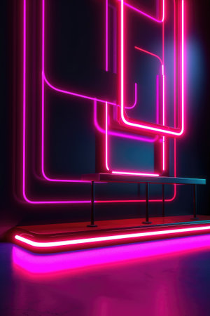 Neon lamp stage background. Glowing futuristic product display stand podium Against Background, neon geometric shape for product display presentation. Generative AI.の素材
