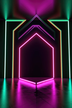 Neon lamp stage background. Glowing futuristic product display stand podium Against Background, neon geometric shape for product display presentation. Generative AI.の素材