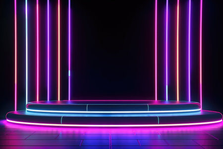 Neon lamp stage background. Glowing futuristic product display stand podium Against Background, neon geometric shape for product display presentation. Generative AI.の素材