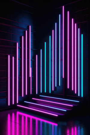 Neon lamp stage background. Glowing futuristic product display stand podium Against Background, neon geometric shape for product display presentation. Generative AI.の素材