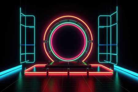 Neon lamp stage background. Glowing futuristic product display stand podium Against Background, neon geometric shape for product display presentation. Generative AI.の素材