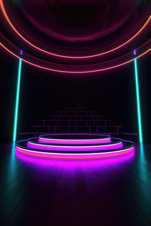 Neon lamp stage background. Glowing futuristic product display stand podium Against Background, neon geometric shape for product display presentation. Generative AI.の素材