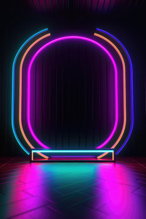 Neon lamp stage background. Glowing futuristic product display stand podium Against Background, neon geometric shape for product display presentation. Generative AI.の素材