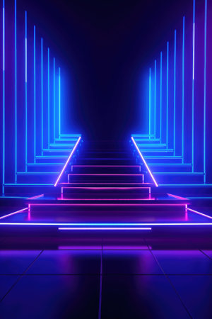 Neon lamp stage background. Glowing futuristic product display stand podium Against Background, neon geometric shape for product display presentation. Generative AI.の素材
