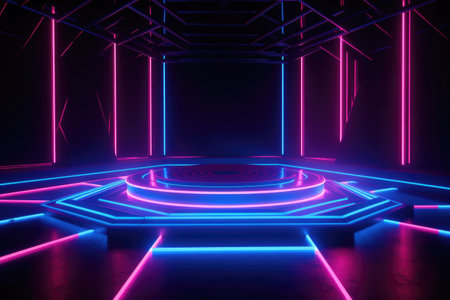 Neon lamp stage background. Glowing futuristic product display stand podium Against Background, neon geometric shape for product display presentation. Generative AI.の素材