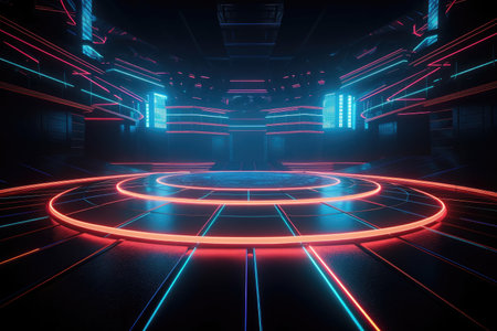 Neon lamp stage background. Glowing futuristic product display stand podium Against Background, neon geometric shape for product display presentation. Generative AI.の素材