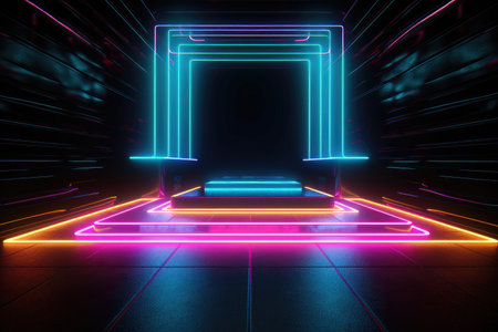 Neon lamp stage background. Glowing futuristic product display stand podium Against Background, neon geometric shape for product display presentation. Generative AI.の素材