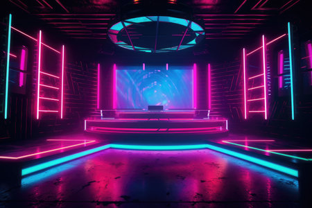Neon lamp stage background. Glowing futuristic product display stand podium Against Background, neon geometric shape for product display presentation. Generative AI.の素材