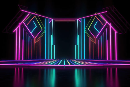 Neon lamp stage background. Glowing futuristic product display stand podium Against Background, neon geometric shape for product display presentation. Generative AI.の素材