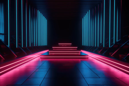 Neon lamp stage background. Glowing futuristic product display stand podium Against Background, neon geometric shape for product display presentation. Generative AI.の素材