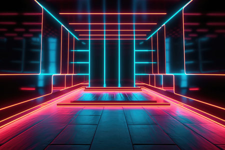 Neon lamp stage background. Glowing futuristic product display stand podium Against Background, neon geometric shape for product display presentation. Generative AI.の素材