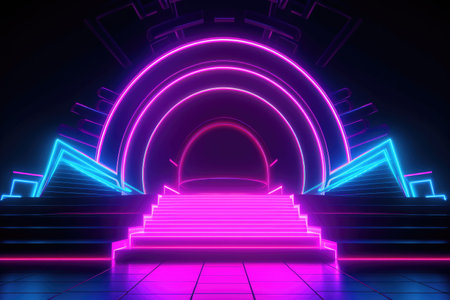 Neon lamp stage background. Glowing futuristic product display stand podium Against Background, neon geometric shape for product display presentation. Generative AI.の素材