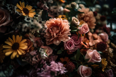 Colorful mixed flower bouquet background, beautiful, vivid. Generative AI.の素材
