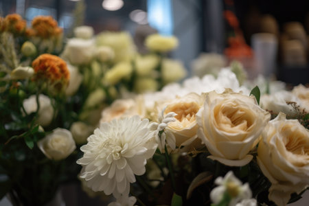 Colorful mixed flower bouquet background, beautiful, vivid. Generative AI.の素材