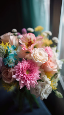 Colorful mixed flower bouquet background, beautiful, vivid. Generative AI.の素材