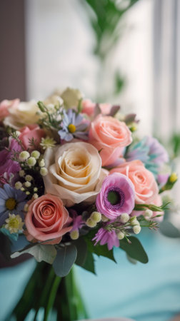 Colorful mixed flower bouquet background, beautiful, vivid. Generative AI.の素材