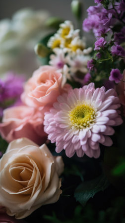 Colorful mixed flower bouquet background, beautiful, vivid. Generative AI.の素材