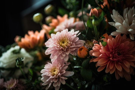 Colorful mixed flower bouquet background, beautiful, vivid. Generative AI.の素材