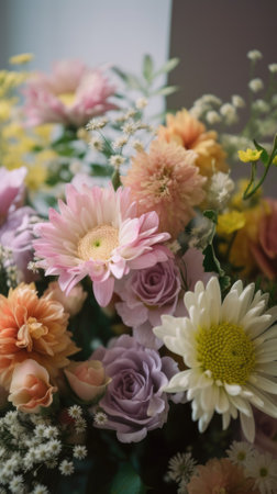 Colorful mixed flower bouquet background, beautiful, vivid. Generative AI.の素材