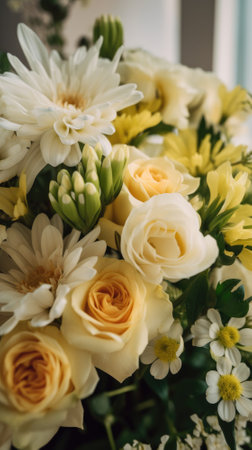 Colorful mixed flower bouquet background, beautiful, vivid. Generative AI.の素材
