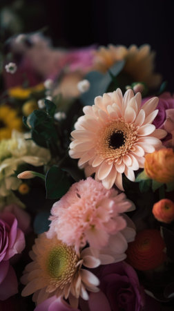 Colorful mixed flower bouquet background, beautiful, vivid. Generative AI.の素材