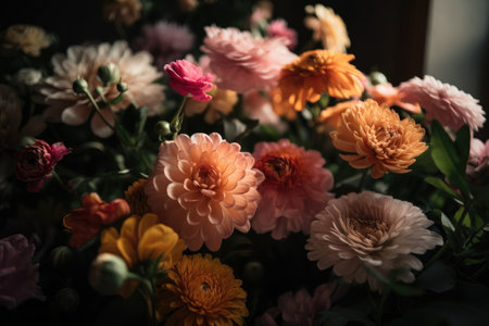 Colorful mixed flower bouquet background, beautiful, vivid. Generative AI.の素材