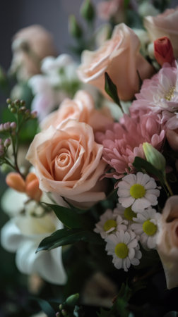 Colorful mixed flower bouquet background, beautiful, vivid. Generative AI.の素材