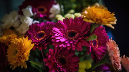 Colorful mixed flower bouquet background, beautiful, vivid. Generative AI.の素材
