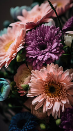Colorful mixed flower bouquet background, beautiful, vivid. Generative AI.の素材