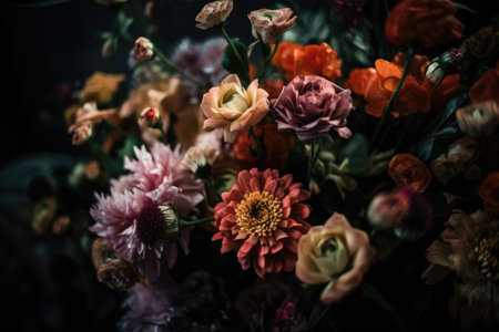 Colorful mixed flower bouquet background, beautiful, vivid. Generative AI.の素材