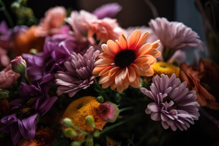 Colorful mixed flower bouquet background, beautiful, vivid. Generative AI.の素材