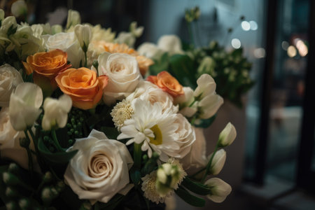Colorful mixed flower bouquet background, beautiful, vivid. Generative AI.の素材