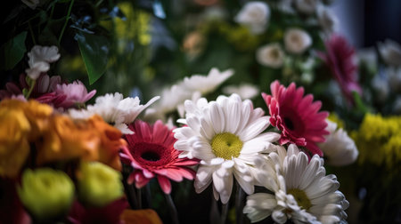 Colorful mixed flower bouquet background, beautiful, vivid. Generative AI.の素材