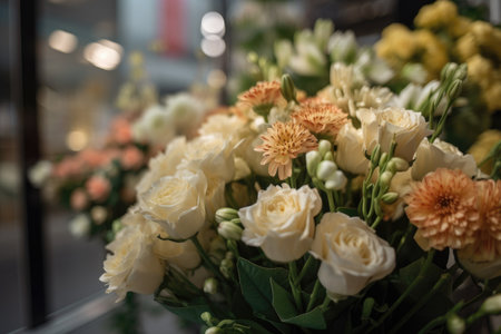 Colorful mixed flower bouquet background, beautiful, vivid. Generative AI.の素材