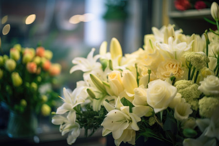 Colorful mixed flower bouquet background, beautiful, vivid. Generative AI.の素材