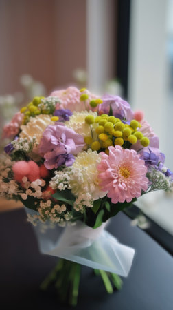 Colorful mixed flower bouquet background, beautiful, vivid. Generative AI.の素材