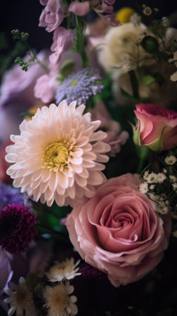 Colorful mixed flower bouquet background, beautiful, vivid. Generative AI.の素材