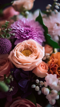 Colorful mixed flower bouquet background, beautiful, vivid. Generative AI.の素材
