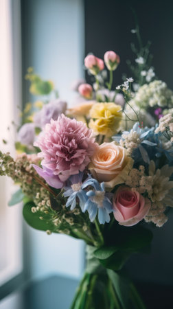 Colorful mixed flower bouquet background, beautiful, vivid. Generative AI.の素材